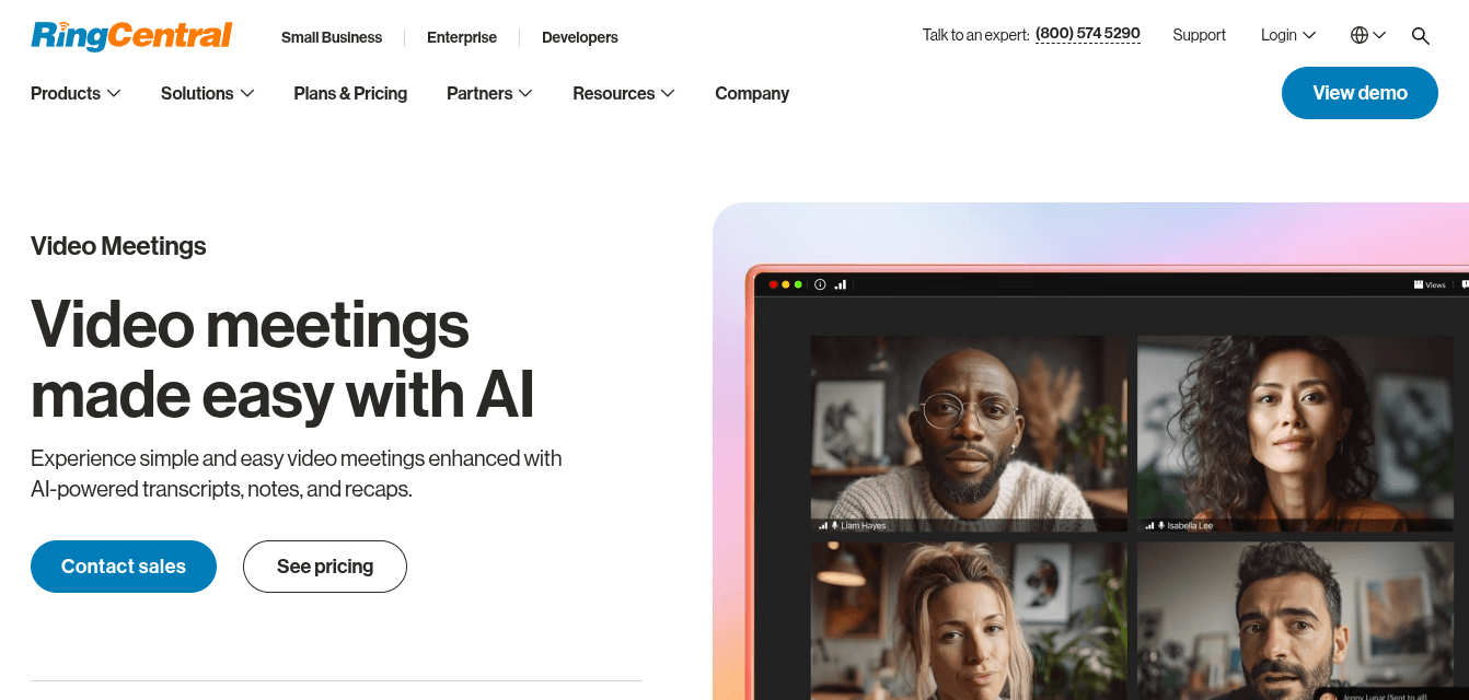 RingCentral Video meetings homepage