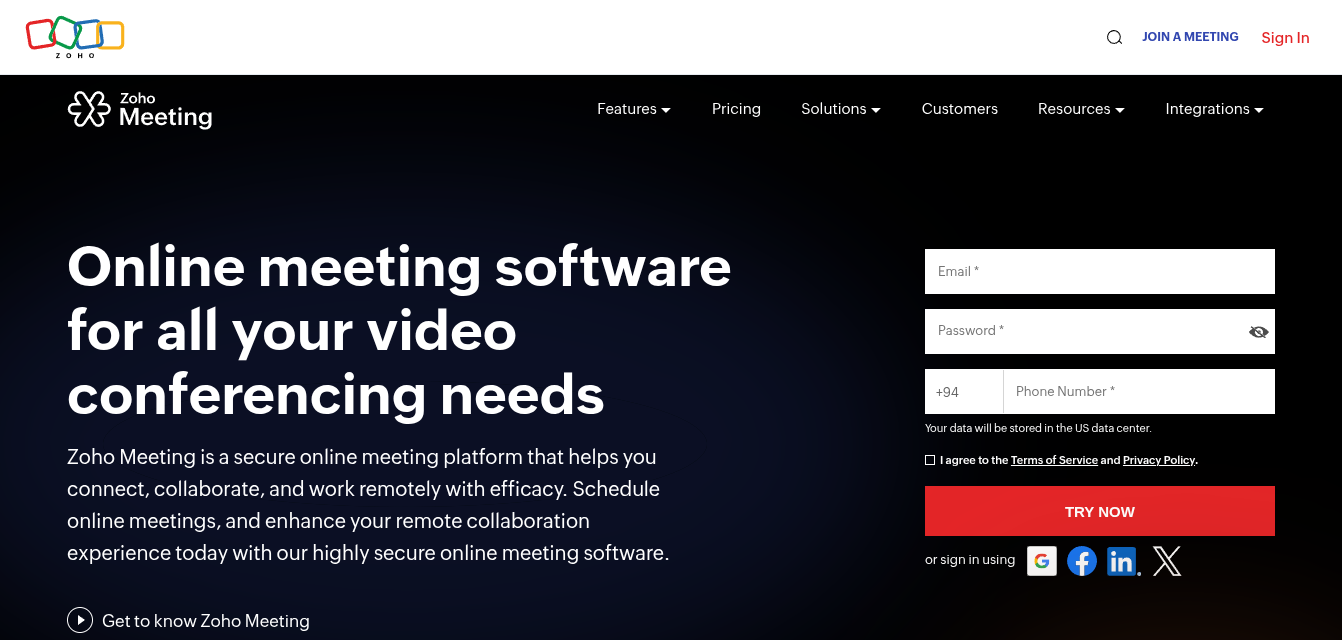 Zoho Meeting online meeting software homepage