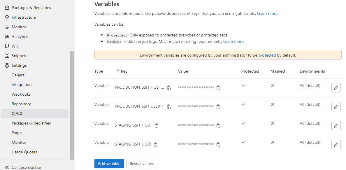 GitLab CI/CD variables page listing protected SSH host and user variables for production and staging