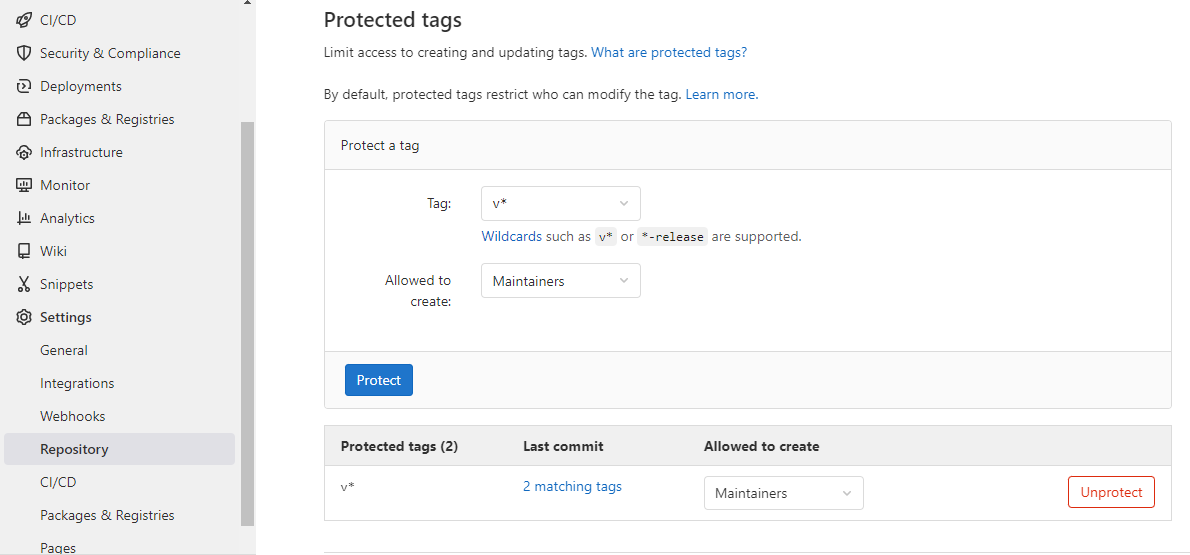 GitLab protected tags settings with the v* wildcard pattern restricted to maintainers