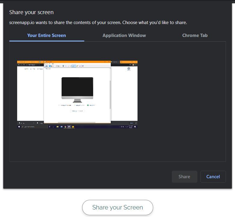 Browser screen share dialog with the Chrome tab option and the share audio checkbox
