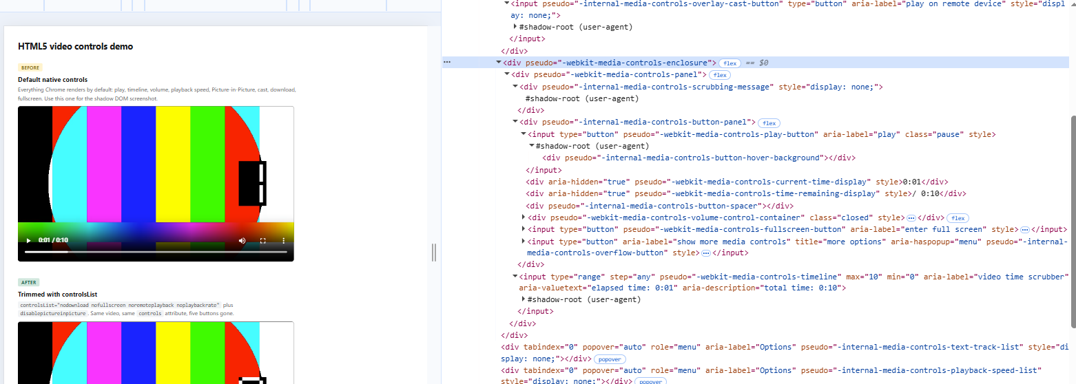 Chrome DevTools inspecting a video element with user agent shadow DOM enabled, showing the control tree with webkit-media-controls pseudo names such as enclosure, panel, play-button, fullscreen-button and timeline interleaved with internal-media-controls names such as scrubbing-message, button-panel, button-spacer, overflow-button and overlay-cast-button