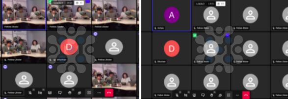 Two Jitsi Meet tile view screenshots from the test, one with several camera tiles and avatar tiles, the other mostly avatar tiles for participants without video