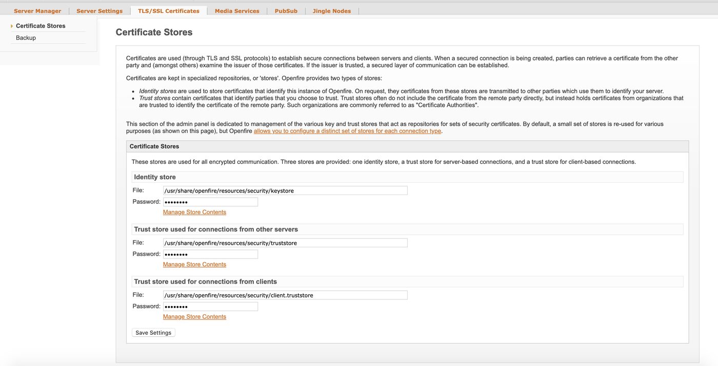 Openfire admin console certificate store management page listing the identity store and trust stores