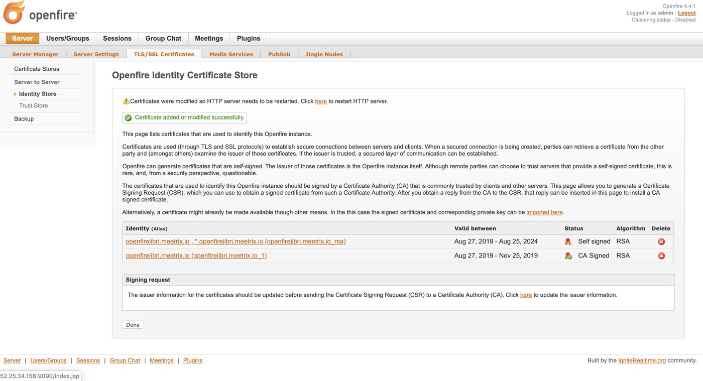 Openfire identity store after the import, showing the new Let's Encrypt certificate alongside the self-signed one to delete