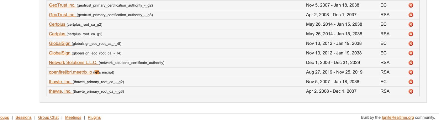 Openfire certificate list showing the Let's Encrypt certificate installed and valid