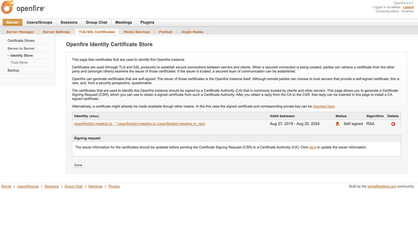 Openfire identity store contents page with the existing self-signed certificate and the import link