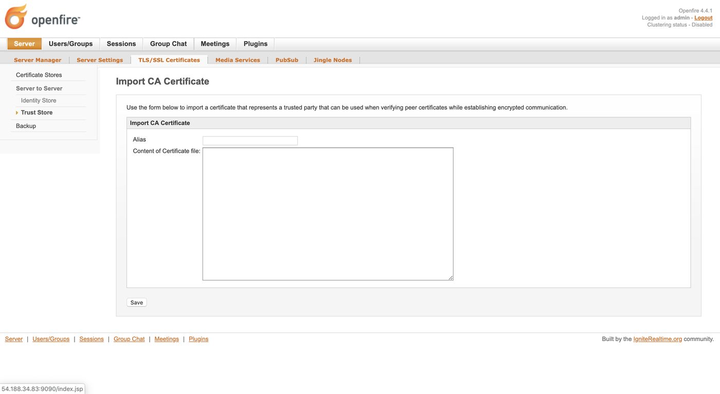 Openfire trust store import form with the alias set to Let's Encrypt and a certificate pasted in