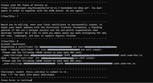 Certbot CNAME prompt in terminal